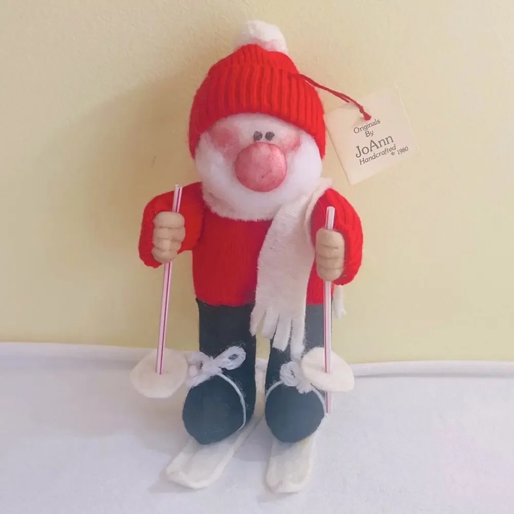 Vtg 1980 JoAnn Crafts Handmade Gnome Christmas Santa Skiing Christmas Ornament